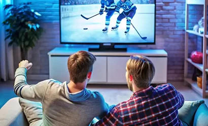 Two people watching a sports stream on TV in the living room