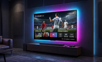 A person watching a stream in a colourfully lit living room